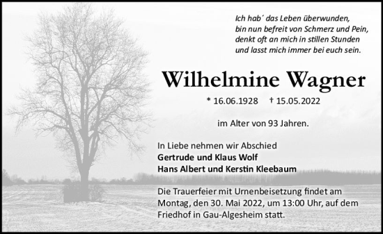 Traueranzeige von Wilhelmine Wagner von vrm-trauer Allgemeine  Zeitung Ingelheim-Bingen