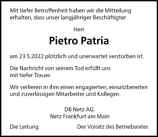 Traueranzeige von Pietro Patria von vrm-trauer AZ Mainz