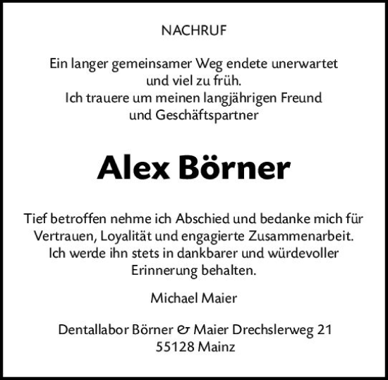 Traueranzeige von Alex Börner von vrm-trauer AZ Mainz
