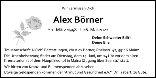Traueranzeige von Alex Börner von vrm-trauer AZ Mainz