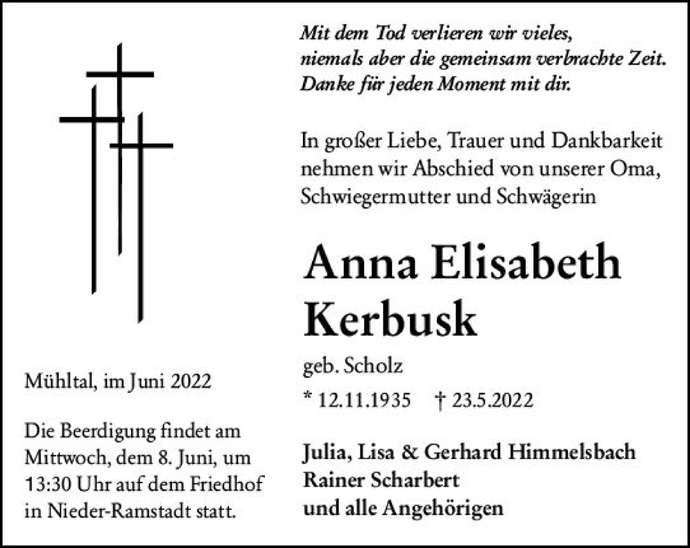 Traueranzeige für Anna Elisabeth Kerbusk vom 04.06.2022 aus vrm-trauer Darmstädter Echo