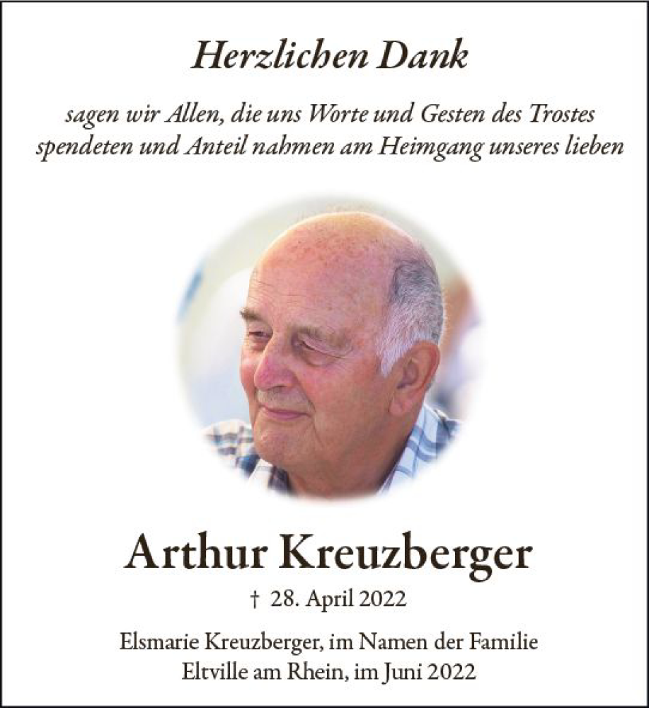  Traueranzeige für Arthur Kreuzberger vom 04.06.2022 aus vrm-trauer Rheingau