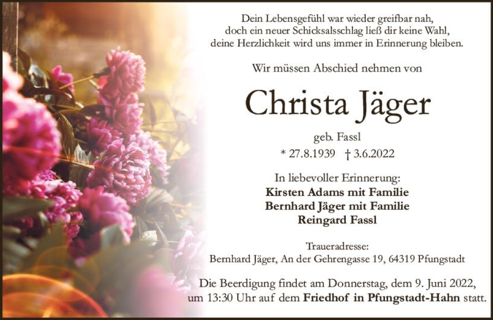  Traueranzeige für Christa Jäger vom 08.06.2022 aus vrm-trauer Darmstädter Echo