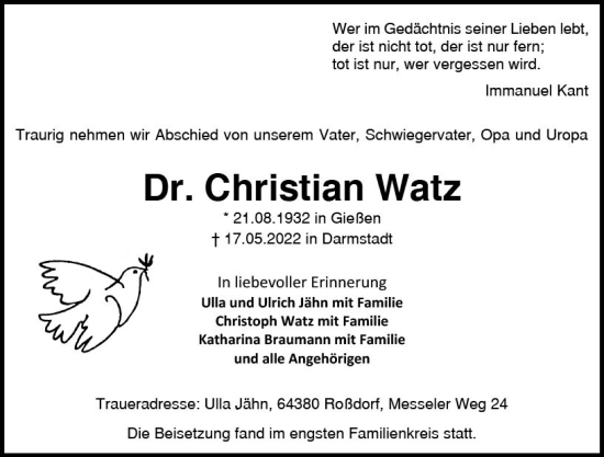 Traueranzeige von Christian Watz von vrm-trauer Darmstädter Echo