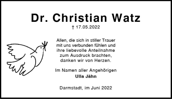 Traueranzeige von Christian Watz von vrm-trauer Darmstädter Echo