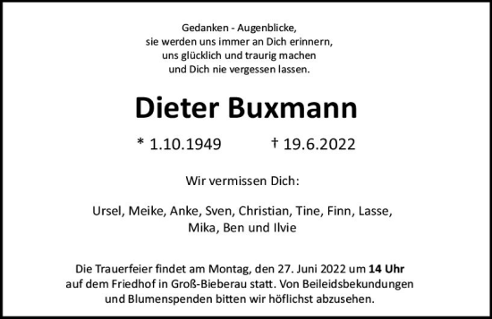 Traueranzeige von Dieter Buxmann von vrm-trauer Darmstädter Echo