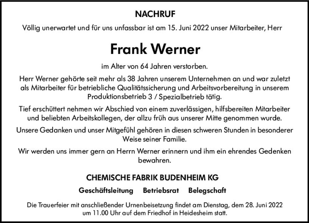  Traueranzeige für Frank Werner vom 25.06.2022 aus vrm-trauer Allgemeine  Zeitung Ingelheim-Bingen