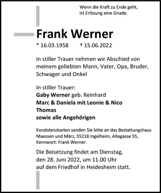 Traueranzeige von Frank Werner von vrm-trauer AZ Mainz