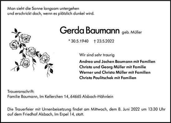 Traueranzeige von Gerda Baumann von vrm-trauer Darmstädter Echo