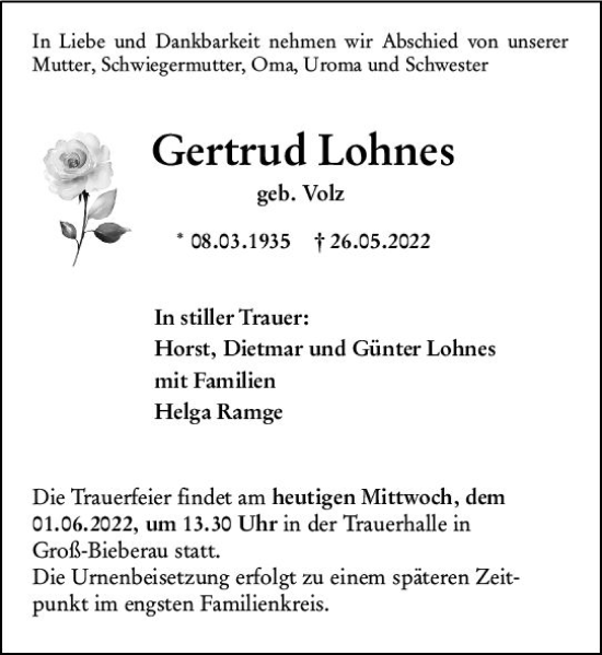 Traueranzeige von Gertrud Lohnes von vrm-trauer Darmstädter Echo