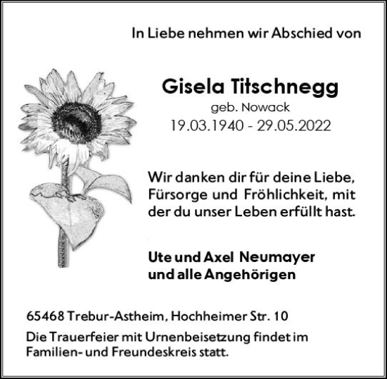 Traueranzeige von Gisela Titschnegg von vrm-trauer Rüsselsheimer Echo / MainSpitze
