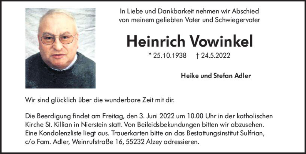 Traueranzeige für Heinrich Vowinkel vom 01.06.2022 aus vrm-trauer AZ Mainz