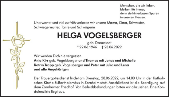 Traueranzeige von Helga Volgelsberger von vrm-trauer AZ Mainz
