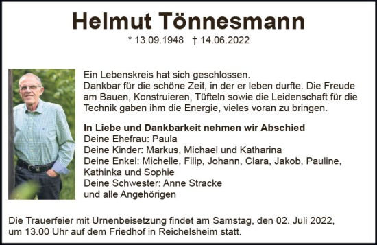 Traueranzeige von Helmut Tönnesmann von vrm-trauer Odenwälder Echo