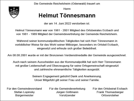 Traueranzeige von Helmut Tönnesmann von vrm-trauer Odenwälder Echo