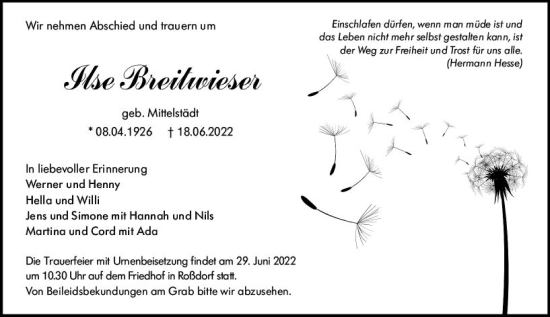 Traueranzeige von Ilse Breitwieser von vrm-trauer Darmstädter Echo