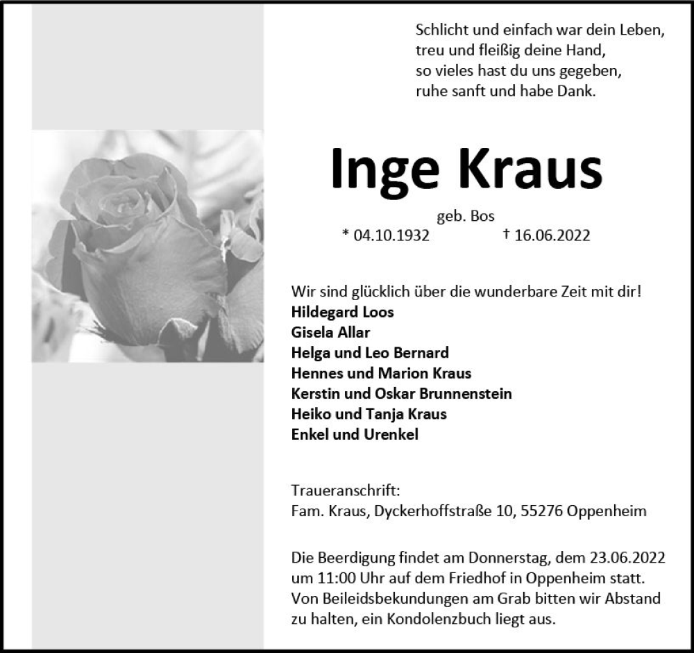  Traueranzeige für Inge Kraus vom 21.06.2022 aus vrm-trauer AZ Mainz