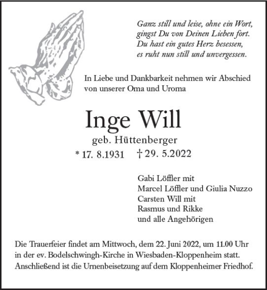Traueranzeige von Inge Will von vrm-trauer Wiesbadener Kurier