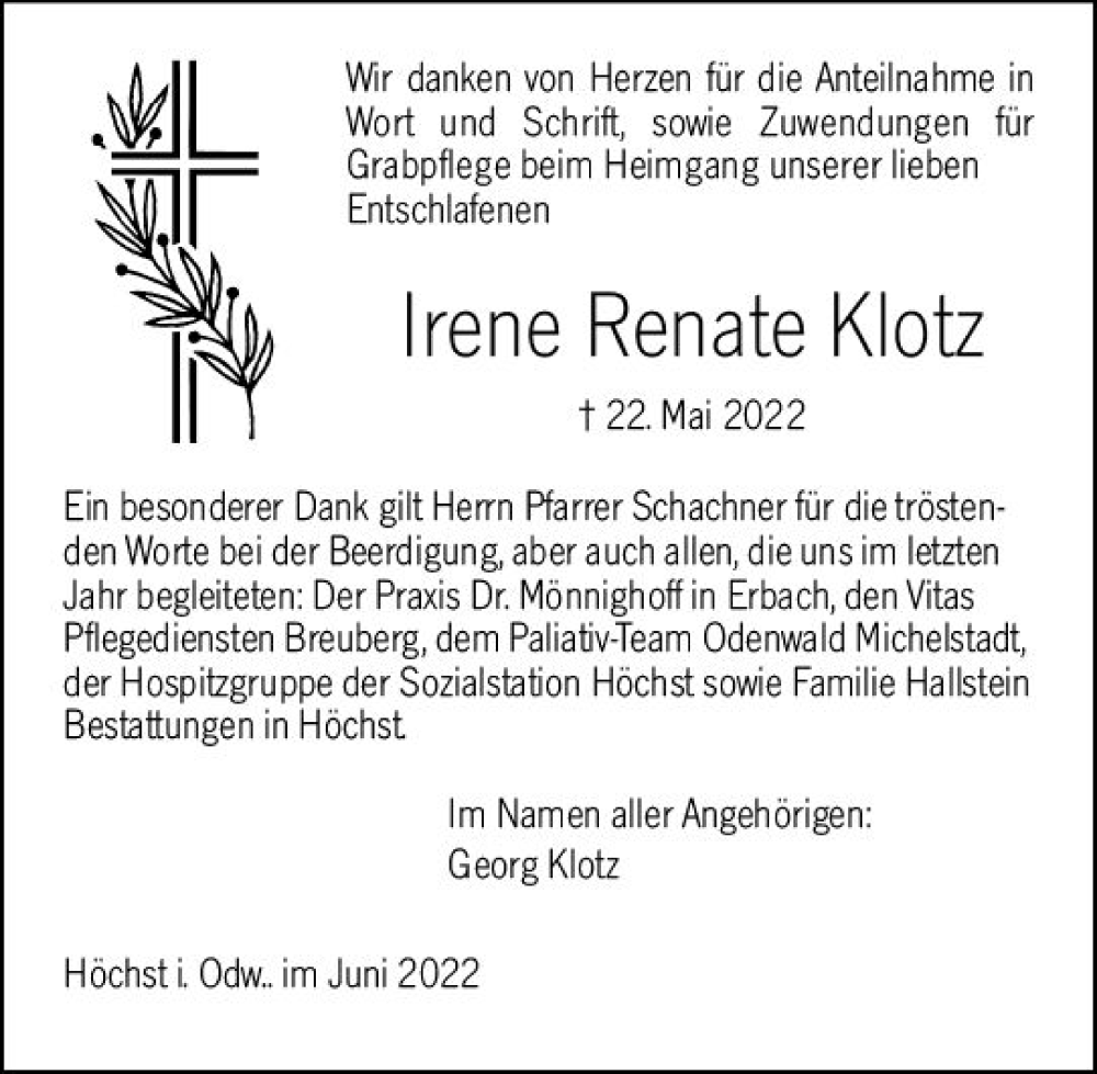  Traueranzeige für Irene Renate Klotz vom 18.06.2022 aus vrm-trauer Odenwälder Echo