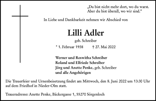 Traueranzeige von Lilli Adler von vrm-trauer AZ Mainz