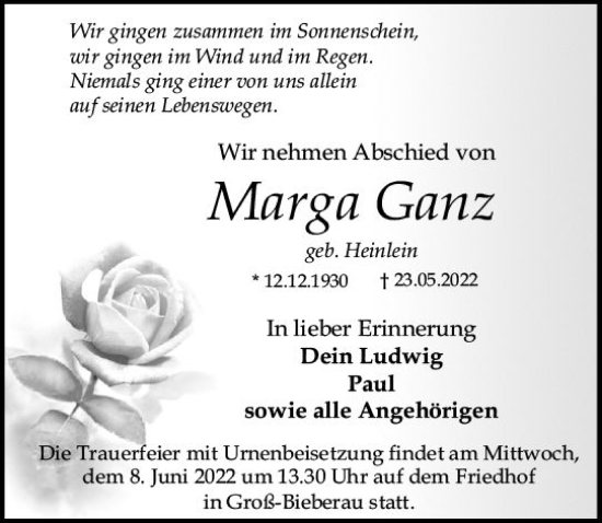 Traueranzeige von Marga Ganz von vrm-trauer Darmstädter Echo