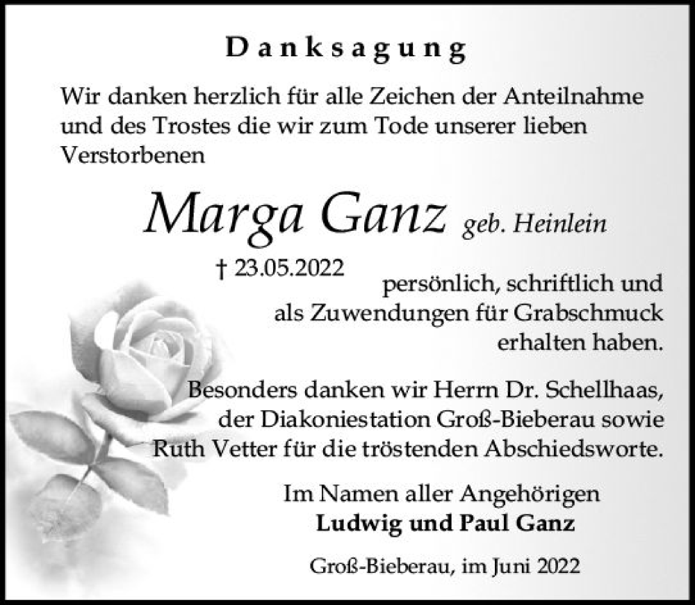  Traueranzeige für Marga Ganz vom 25.06.2022 aus vrm-trauer Darmstädter Echo