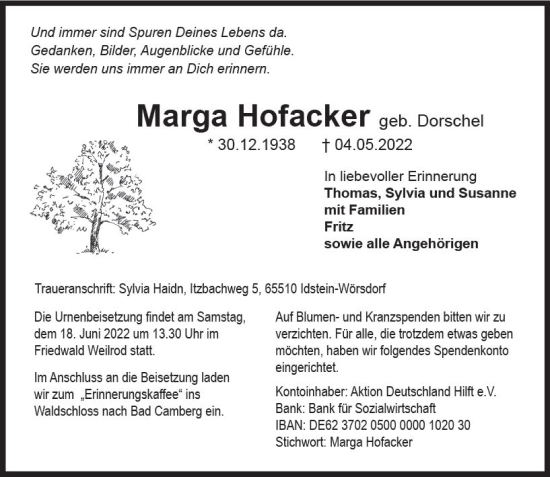 Traueranzeige von Marga Hofacker von vrm-trauer Idsteiner Zeitung