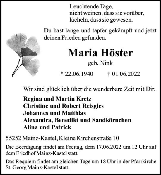 Traueranzeige von Maria Röster von vrm-trauer AZ Mainz