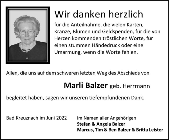 Traueranzeige von Marli Balzer von vrm-trauer Allg. Zeitung Bad Kreuznach