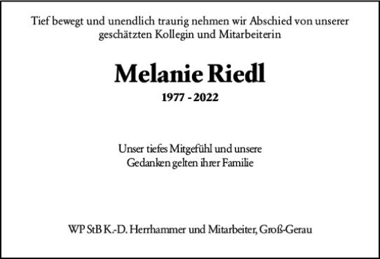 Traueranzeige von Melanie Riedl von vrm-trauer Groß-Gerauer Echo