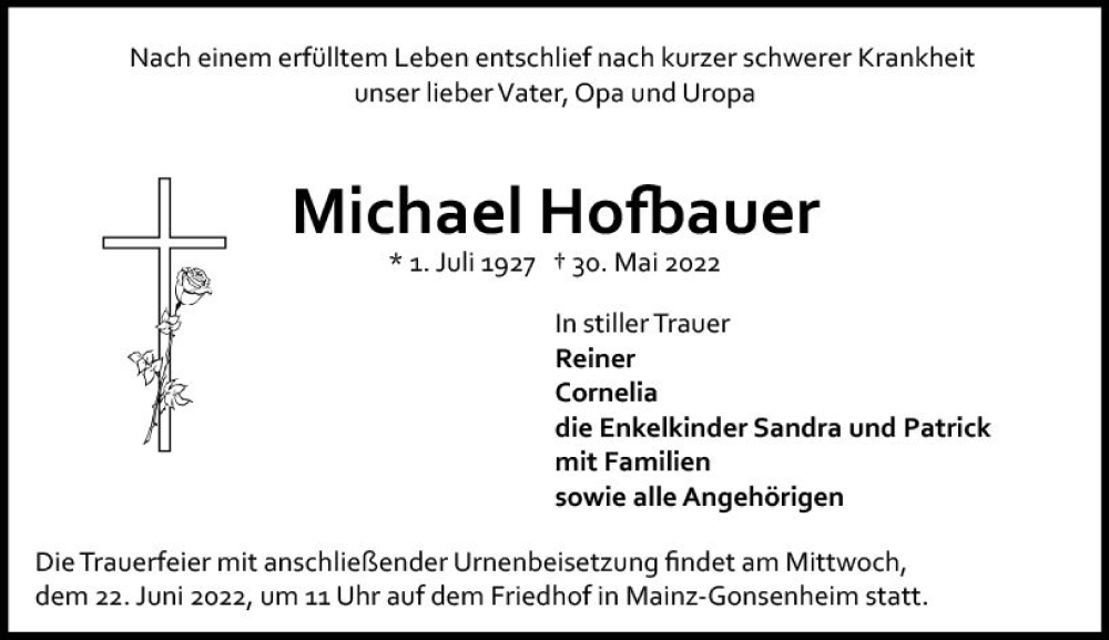  Traueranzeige für Michael Hofbauer vom 21.06.2022 aus vrm-trauer AZ Mainz