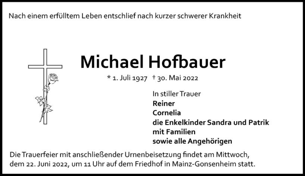  Traueranzeige für Michael Hofbauer vom 18.06.2022 aus vrm-trauer AZ Mainz