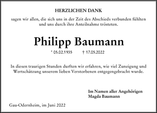 Traueranzeige von Philipp Baumann von vrm-trauer Allgemeine Zeitung Alzey