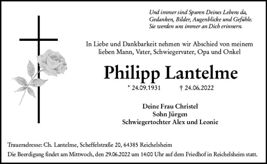 Traueranzeige von Philipp Lantelme von vrm-trauer Odenwälder Echo