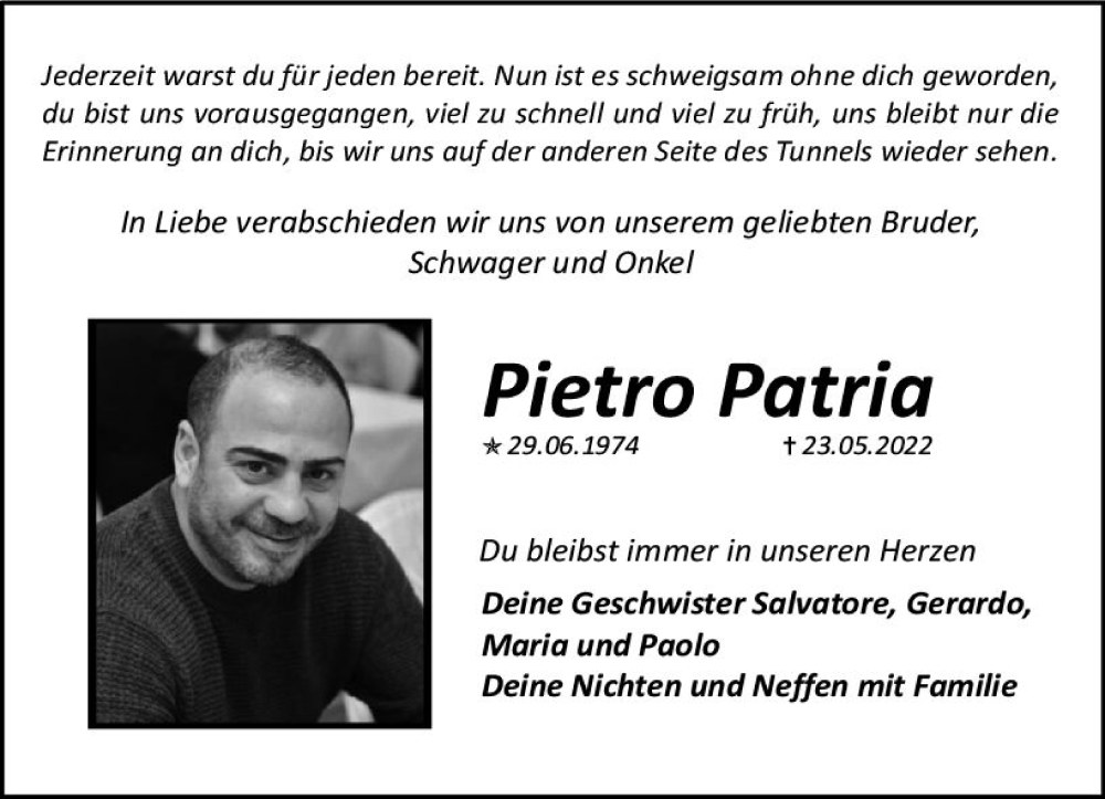  Traueranzeige für Pietro Patria vom 04.06.2022 aus vrm-trauer AZ Mainz
