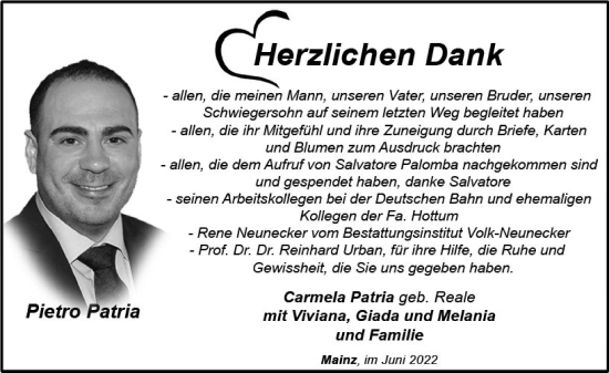 Traueranzeige von Pietro Patria von vrm-trauer AZ Mainz