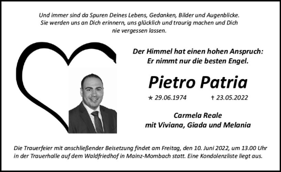 Traueranzeige von Pietro Patria von vrm-trauer AZ Mainz
