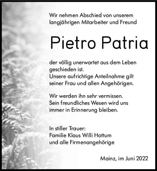 Traueranzeige von Pietro Patria von vrm-trauer AZ Mainz