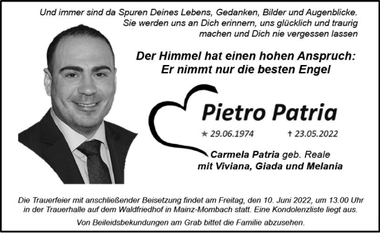 Traueranzeige von Pietro Patria von vrm-trauer AZ Mainz