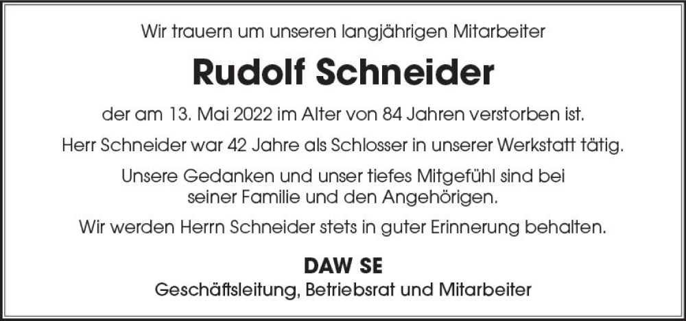  Traueranzeige für Rudolf Schneider vom 04.06.2022 aus vrm-trauer Darmstädter Echo