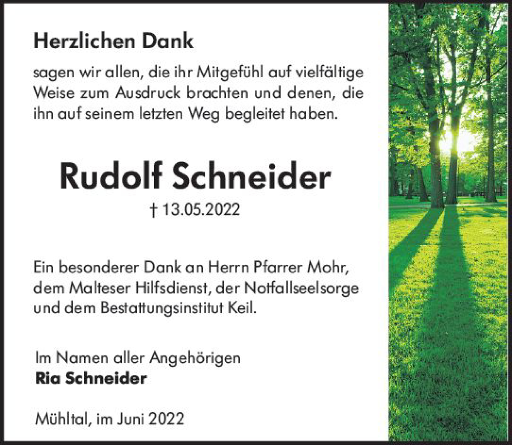  Traueranzeige für Rudolf Schneider vom 11.06.2022 aus vrm-trauer Darmstädter Echo