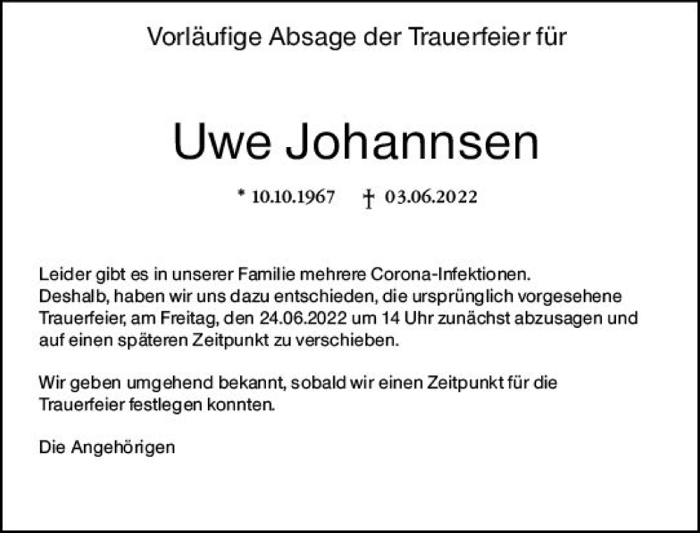  Traueranzeige für Uwe Johannsen vom 24.06.2022 aus vrm-trauer AZ Mainz