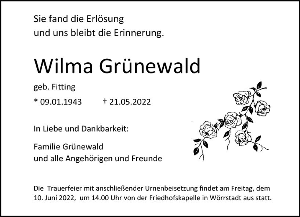  Traueranzeige für Wilma Grünewald vom 04.06.2022 aus vrm-trauer Allgemeine Zeitung Alzey