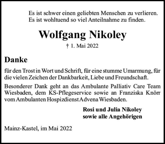 Traueranzeige von Wolfgang Nikoley von vrm-trauer Wiesbadener Kurier