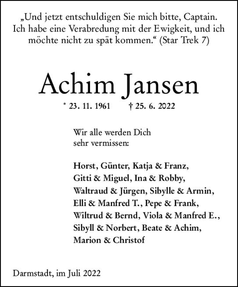  Traueranzeige für Achim Jansen vom 09.07.2022 aus vrm-trauer Darmstädter Echo