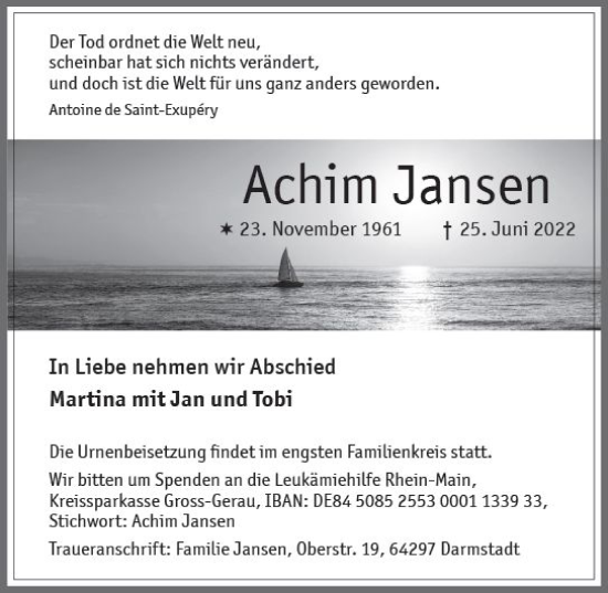 Traueranzeige von Achim Jansen von vrm-trauer Darmstädter Echo