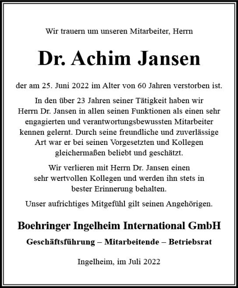  Traueranzeige für Achim Jansen vom 09.07.2022 aus vrm-trauer Darmstädter Echo