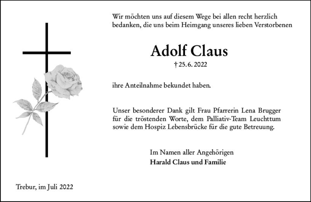  Traueranzeige für Adolf Claus vom 23.07.2022 aus vrm-trauer Groß-Gerauer Echo