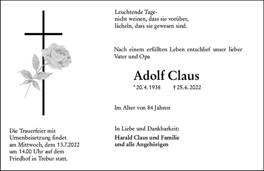  Traueranzeige für Adolf Claus vom 09.07.2022 aus vrm-trauer Groß-Gerauer Echo