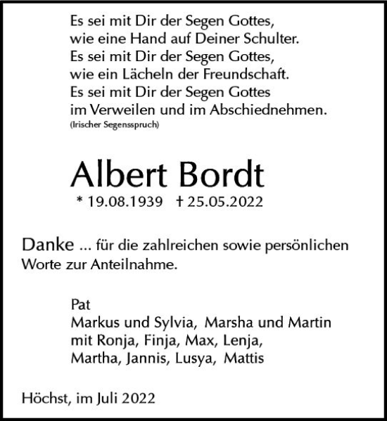 Traueranzeige von Albert Bordt von vrm-trauer Odenwälder Echo